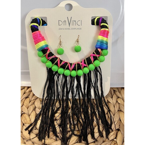 Da Vinci Neon Dangling Black Fringe Necklace/Earring Set Punk 80s Rocker - Picture 1 of 7